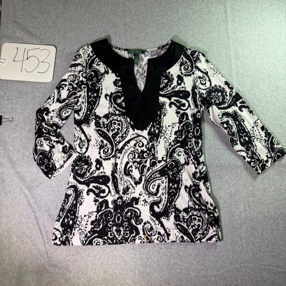 Lauren Ralph Lauren Black White Paisley Split Neck 3/4 Sleeve Top Medium